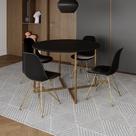 Mesa Jantar Industrial Redonda 110cm Preta Base V Dourada com 4 Cadeiras Eames Eiffel Pretas Base Do