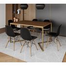 Mesa Jantar Industrial Retangular 137x90cm Amêndoa Base V Dourada com 6 Cadeiras Eames Eiffel Madeir