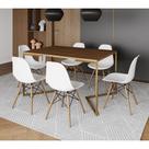 Mesa Jantar Industrial Retangular 137x90cm Amêndoa Base V Dourada com 6 Cadeiras Eames Eiffel Madeir