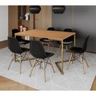 Mesa Jantar Industrial Retangular 137x90cm Canela Base V Dourada com 6 Cadeiras Eames Eiffel Madeira