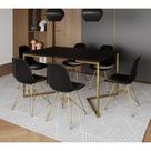 Mesa Jantar Industrial Retangular 137X90Cm Preta Base V Com 6 Cadeiras Pretas Base Dour Cor: Preto