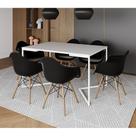 Mesa Jantar Industrial Retangular Branca 137x90cm Base V Ferro Branco com 6 Poltronas Eames Preta Ma