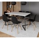 Mesa Jantar Industrial Retangular Branca 137X90Cm Base V Ferro Preto C/6 Cadeiras Preta Made Branco