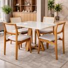 Mesa Jantar Pérola 120x90 Off White com 4 Cadeiras Palha Linho Bege Telinha Rubi Madeira Maciça Mel