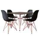 Mesa Jantar Quadrada Com 4 Cadeiras Pretas Eames Eiffel Base De Ferro Cobre Tampo Amêndoa 90cm
