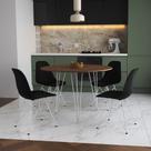 Mesa Jantar Redonda 110cm Amêndoa Clips 3 Pés com 4 Cadeiras Eames Eiffel Pretas Ferro Branco