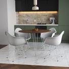 Mesa Jantar Redonda 110cm Amêndoa Clips 3 Pés com 4 Poltronas Brancas Eames Eiffel Ferro Branco