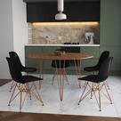 Mesa Jantar Redonda 110cm Amêndoa Clips 3 Pés com 5 Cadeiras Eames Eiffel Pretas Base Cobre