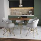 Mesa Jantar Redonda 110cm Amêndoa Clips 3 Pés com 5 Poltronas Eames Eiffel Brancas Base Dourada