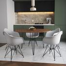 Mesa Jantar Redonda 110cm Amêndoa Clips 3 Pés com 5 Poltronas Eames Eiffel Brancas Ferro Preto