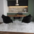 Mesa Jantar Redonda 110cm Amêndoa Clips 3 Pés com 5 Poltronas Eames Eiffel Pretas Ferro Branco