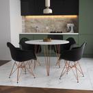 Mesa Jantar Redonda 110cm Branca Clips 3 Pés com 4 Poltronas Pretas Eames Eiffel Base Cobre Mesa Jantar Redonda 110cm Branca Clips 3 Pés com 4 Poltronas Pretas Eames Eiffel Base Cobre
