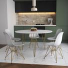 Mesa Jantar Redonda 110cm Branca Clips 3 Pés com 5 Cadeiras Eames Eiffel Brancas Base Dourada