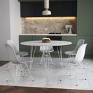 Mesa Jantar Redonda 110cm Branca Clips 3 Pés com 5 Cadeiras Eames Eiffel Brancas Ferro Branco