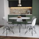 Mesa Jantar Redonda 110cm Branca Clips 3 Pés com 5 Cadeiras Eames Eiffel Brancas Ferro Preto