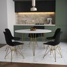 Mesa Jantar Redonda 110cm Branca Clips 3 Pés com 5 Cadeiras Eames Eiffel Pretas Base Dourada