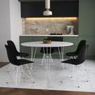 Mesa Jantar Redonda 110cm Branca Clips 3 Pés com 5 Cadeiras Eames Eiffel Pretas Ferro Branco
