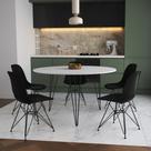 Mesa Jantar Redonda 110cm Branca Clips 3 Pés com 5 Cadeiras Eames Eiffel Pretas Ferro Preto