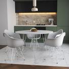 Mesa Jantar Redonda 110cm Branca Clips 3 Pés com 5 Poltronas Eames Eiffel Brancas Ferro Branco