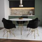 Mesa Jantar Redonda 110cm Branca Clips 3 Pés com 5 Poltronas Eames Eiffel Pretas Base Dourada