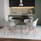 Mesa Jantar Redonda 110cm Preta Clips 3 Pés com 4 Poltronas Brancas Eames Eiffel Base Cobre