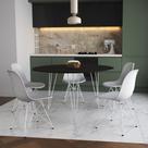 Mesa Jantar Redonda 110cm Preta Clips 3 Pés com 5 Cadeiras Eames Eiffel Brancas Ferro Branco