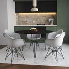 Mesa Jantar Redonda 110cm Preta Clips 3 Pés com 5 Poltronas Eames Eiffel Brancas Ferro Preto