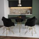 Mesa Jantar Redonda 110cm Preta Clips 3 Pés com 5 Poltronas Eames Eiffel Pretas Base Dourada