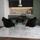 Mesa Jantar Redonda 110cm Preta Clips 3 Pés com 5 Poltronas Eames Eiffel Pretas Ferro Branco