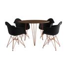 Mesa Jantar Redonda 90cm Amêndoa Clips 3 Pés com 4 Poltronas Eiffel Eames Daw Pretas Base Cobre