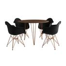 Mesa Jantar Redonda 90Cm Amêndoa Clips 3 Pés Com 4 Poltronas Pretas Base Cobre - Cor: Amendoa