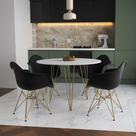Mesa Jantar Redonda 90cm Branca Clips 3 Pés com 4 Poltronas Eiffel Eames Daw Pretas Base Dourado