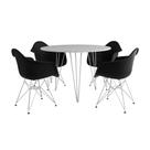 Mesa Jantar Redonda 90cm Branca Clips 3 Pés com 4 Poltronas Eiffel Eames Daw Pretas Ferro Branco