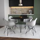 Mesa Jantar Redonda 90cm Preta Clips 3 Pés com 4 Poltronas Eiffel Eames Daw Brancas Ferro Preto