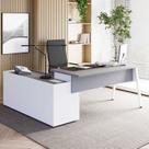 Mesa L Diretor com Armário Lateral 3 Gavetas 180cm Industrial Tampo Chanfrado Pés em Metal Executive Cinza Sagrado E Branco