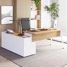 Mesa L Diretor com Armário Lateral 3 Gavetas 180cm Industrial Tampo Chanfrado Pés em Metal Executive Macadâmia E Branco