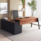 Mesa L Diretor Escritório com Armário Lateral 3 Gavetas 200cm Industrial Tampo Cavado e Pés Metal Executive Nogal E Preto