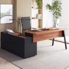 Mesa L Diretor Escritório com Armário Lateral 3 Gavetas 200cm Industrial Tampo Cavado e Pés Metal Executive Nogal E Preto