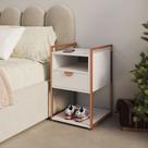Mesa Lateral Industrial Tókio com Gavetas em Ferro Cobre para Dormitório - Tampo Branco Mesa Lateral Industrial Tókio com Gavetas em Ferro Cobre para Dormitório - Tampo Branco