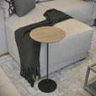 Mesa Lateral KARLA - BAIXA, tampo redondo Itapuã e base Verde Oliva. Bege Amadeirado