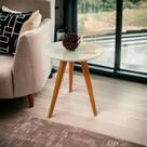Mesa Lateral Redonda com Vidro MDF Off White Pés em Madeira Maciça 50x40cm Marrom Mesa Lateral Redonda com Vidro MDF Off White Pés em Madeira Maciça 50x40cm Marrom