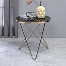 Mesa lateral redonda Yardlio Valora con base metálica negra en forma de V y superficie de vidrio color champán