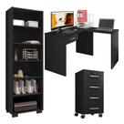 Mesa para computador com Gaveta e Extensora e Gaveteiro Gávea com Chave e Livreiro Office Preto Fosco - Móveis Leão