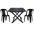 Mesa Quadrada Dobrável 80cm Preta + 2 Cadeiras Com Encosto Vime Empilhável