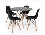 Mesa Redonda 90cm Com 4 Cadeiras Eames Eiffel Pés De Madeira Moderna Jantar Cozinha Preta