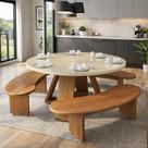 Mesa Redonda De Jantar 110cm Off White Com Bancos Curvos Nature