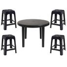 Mesa Redonda Desmontável de Plástico 94cm Preta + 4 Banquetas Empilháveis