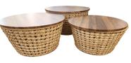 Mesas De Apoio Rattan Natural Fino Acabamento Trançado Tampo