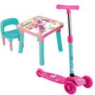 Mesinha Didática C/Cadeira Unicórnio + Patinete Dobrável