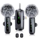 Microfone de lapela sem fio 3 em 1 para iPhone, iPad, Android, câmera, pacote com 2 minimicrofones profissionais com clipe de tela LED com redução de ruído para gravação de vídeo TikTok YouTube Vlog